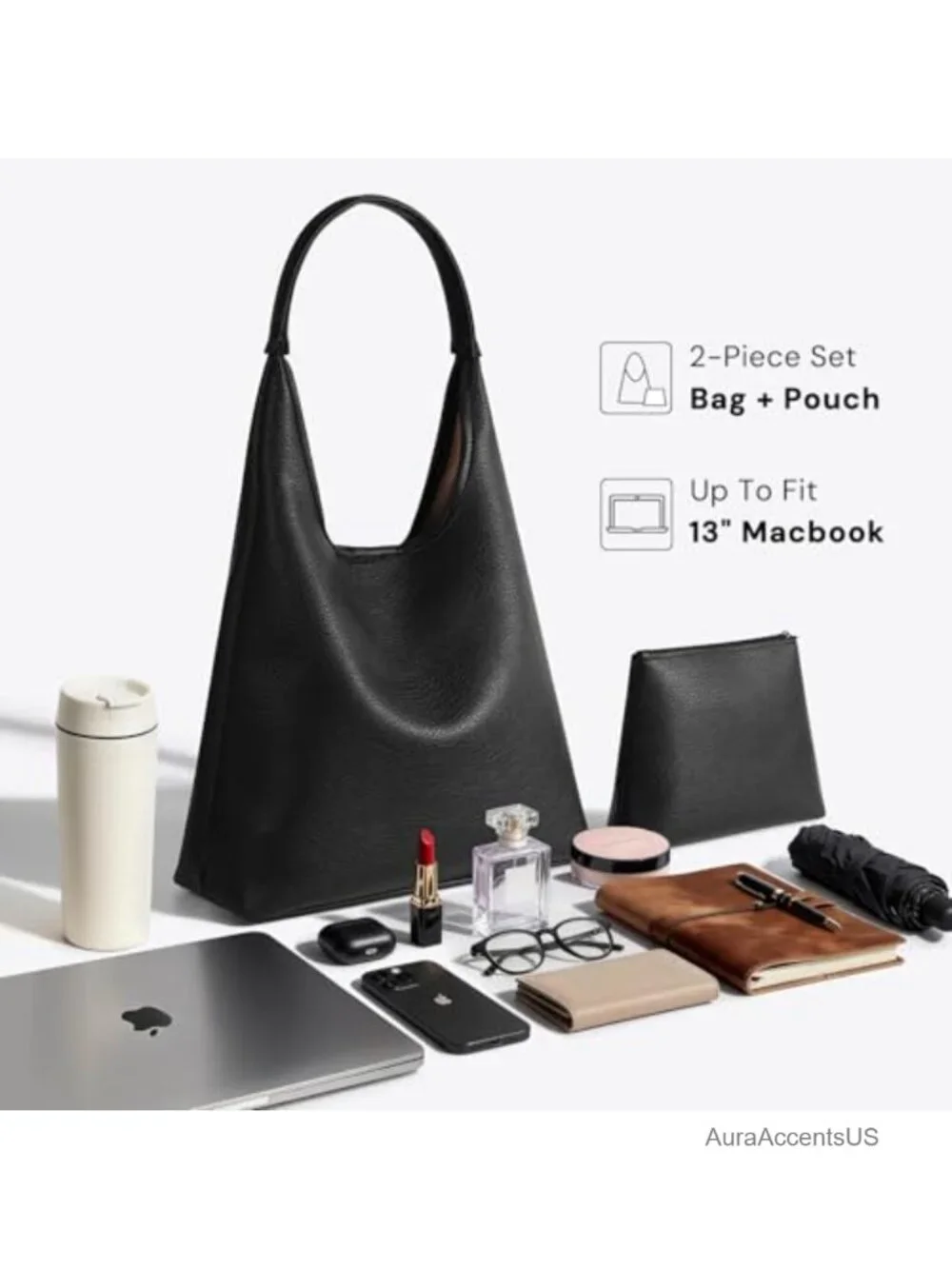 Vegan Leather Hobo Bag for Women Large Slouchy Shoulder Purse with Mini Tote Set